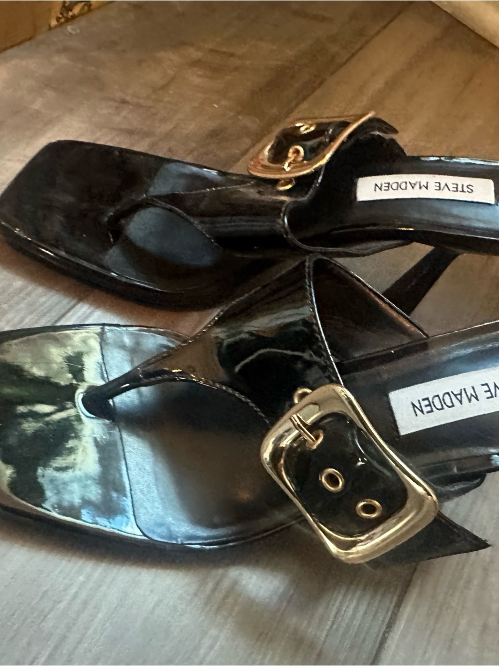 Steve Madden Black Patent Thong Heels with Gold Buckle